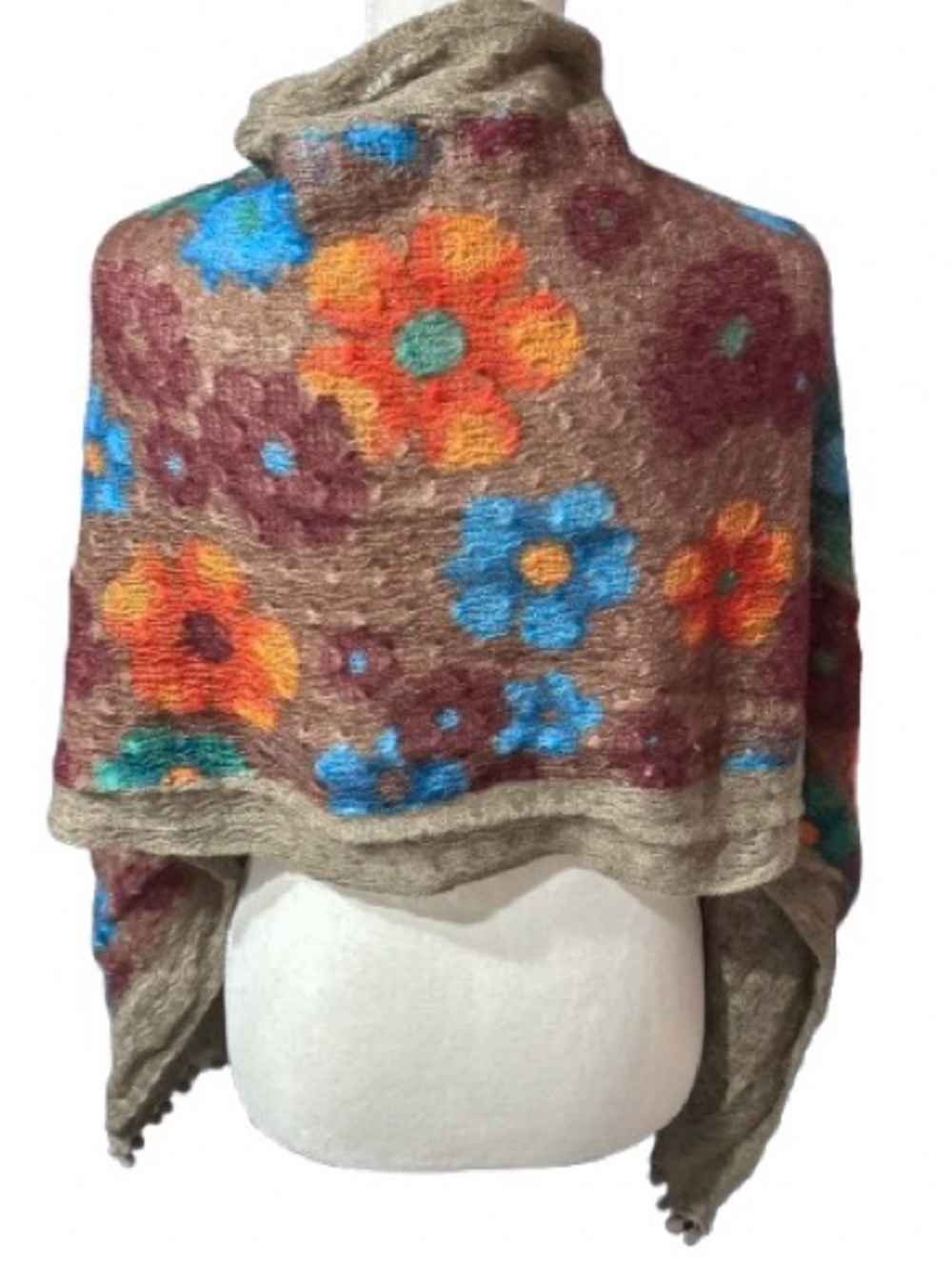 Floral Scarf Boho Knit Lightweight Flowers Fall Hrown Orange Red Blue
